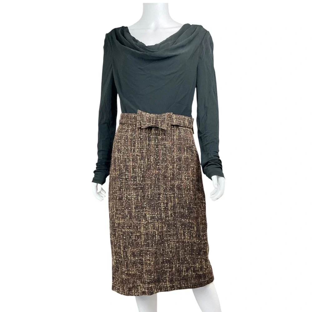Badgley‎ Mischka Women's Brown Tweed Skirt Suit Set Cowl Neck Long Sleeve 12